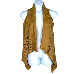 Art and Soul Vest Women’s Size L Tan Crochet Waterfall Hem Open Knit Neutral